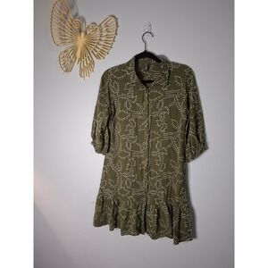 L.O.V. Olive Green Embroidered Button Down Shirt Dress Ruffle Hem Medium